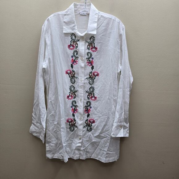 Hermoza Tops - Hermoza Floral Embroidered Button Front Tunic Shirt Dress Boho White SZ Large